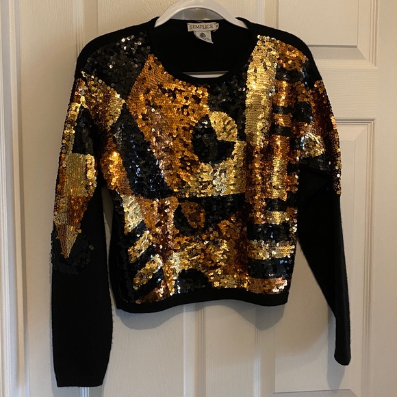 Vintage Semplice Sequin Metallic Front Design Black Wool Cropped Sweater EUC Med - Picture 3 of 16